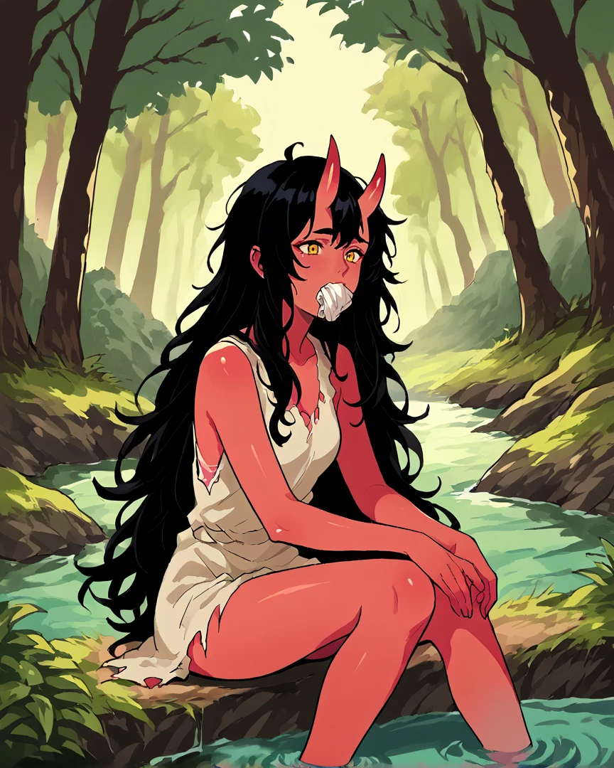 1girl, oni girl, oni horns, red skin, black hair, long hair, messy hair, yellow eyes, pantygag, white panties, sitting, outside, nature, creek, <lora:Pantygag_Concept_Lora_Pony-000006:1> <lora:Rags__Slave_clothing_Lora_Pony:1> torn clothing, one-piece rags,, , score_9, score_8_up, score_7_up, score_6_up, score_5_up, score_4_up, source_anime,masterpiece,