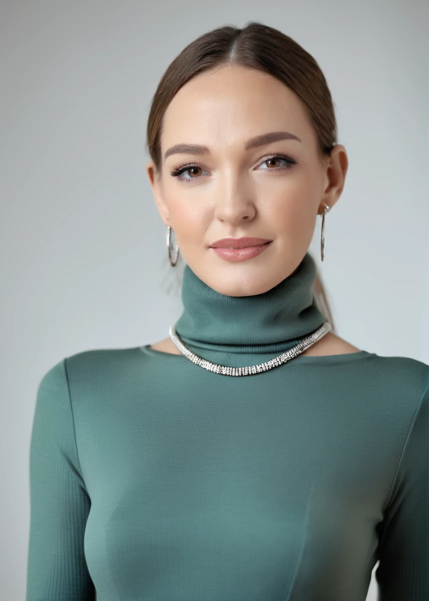 captivating masterpiece of an woman in a ((((neckholder dress with turtleneck)))) ,long earrings, necklace, half body, blurred background, studio ligthing, facing camera, shallow depth of field, <lora:MS_Rissa_May_XL_V2:0.8>
