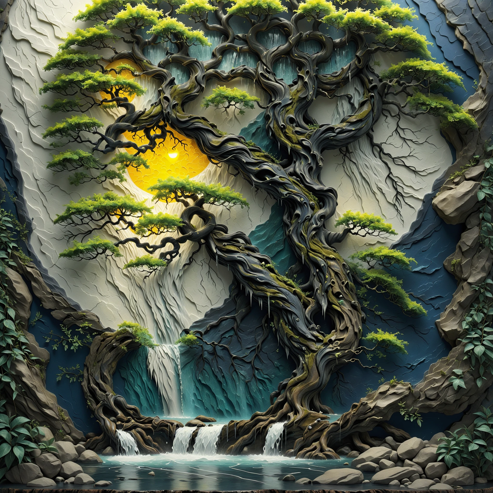 <lora:artfullyTREETTREET_SDXL_V1:1>,arttrttrt, 3d, octane render, masterpiece, intricately detailed, cobalt and navy accents, no humans, incredible waterfall, imaginary landscape, old and ancient tree with landscape and water features, trunk is detailed, trunk is white and  black ,and quartz, leaves are chartreus with accents of fuchia, sun  is glowing, wildlife appropriate to the area can be seen in various locations, in the style of carved relief, embossing, encaustic, papercraft