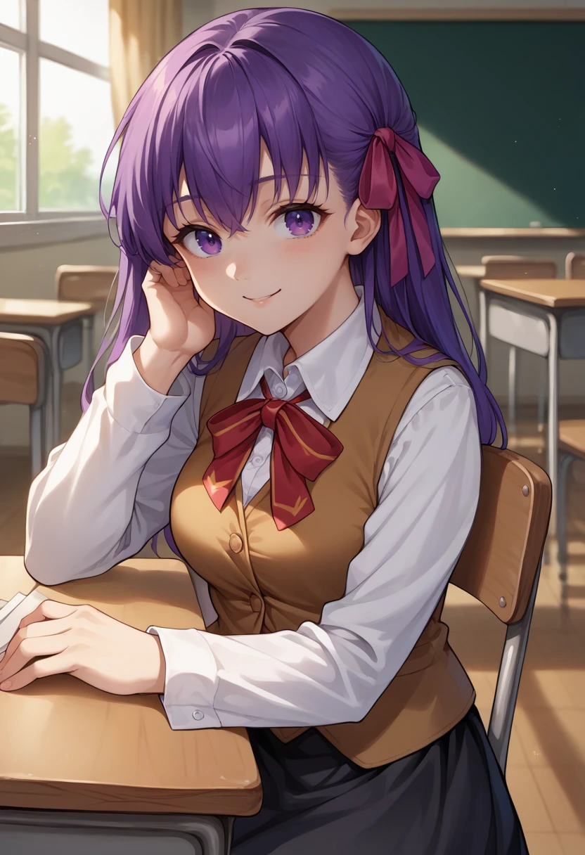 score_9, score_8_up, source_anime, SakuraSchool, purple hair, purple eyes, long hair, hair ribbon, brown vest, white shirt, long sleeves, collared shirt, red bowtie, black skirt, sitting, on chair, indoors, classroom, smile, <lora:ChamSakuraMatouPonyXL:1>