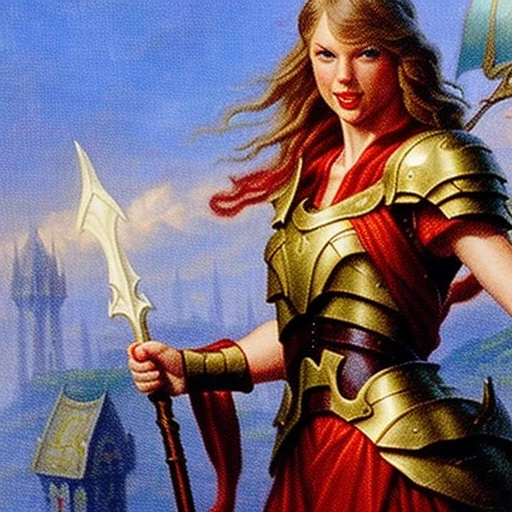 mtg card art, (Taylor Swift:1.2), wandering bard, legendary creature - human (bard:1.2), white, red, green, wrg, throne of eldraine, eld, by chris rahn, by volkan baga, by zoltan boros, armored bard taylor swift holding her weapons and instruments, beautiful composition, detailed, realistic fantasy painting, masterpiece, best quality,