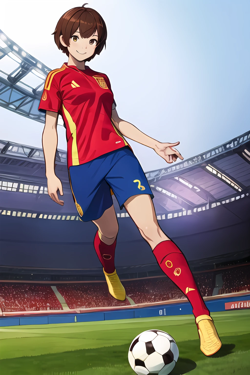 <lora:SC-SP4_Shirt_2024:1>, sp41n, sportswear, soccer uniform, red shirt, shorts, (full body:1.2), 1girl, brown hair, pixie cut, smile, (stadium:1.2), green field, massive breasts, (best quality), (ultra-detailed), (best illustration)