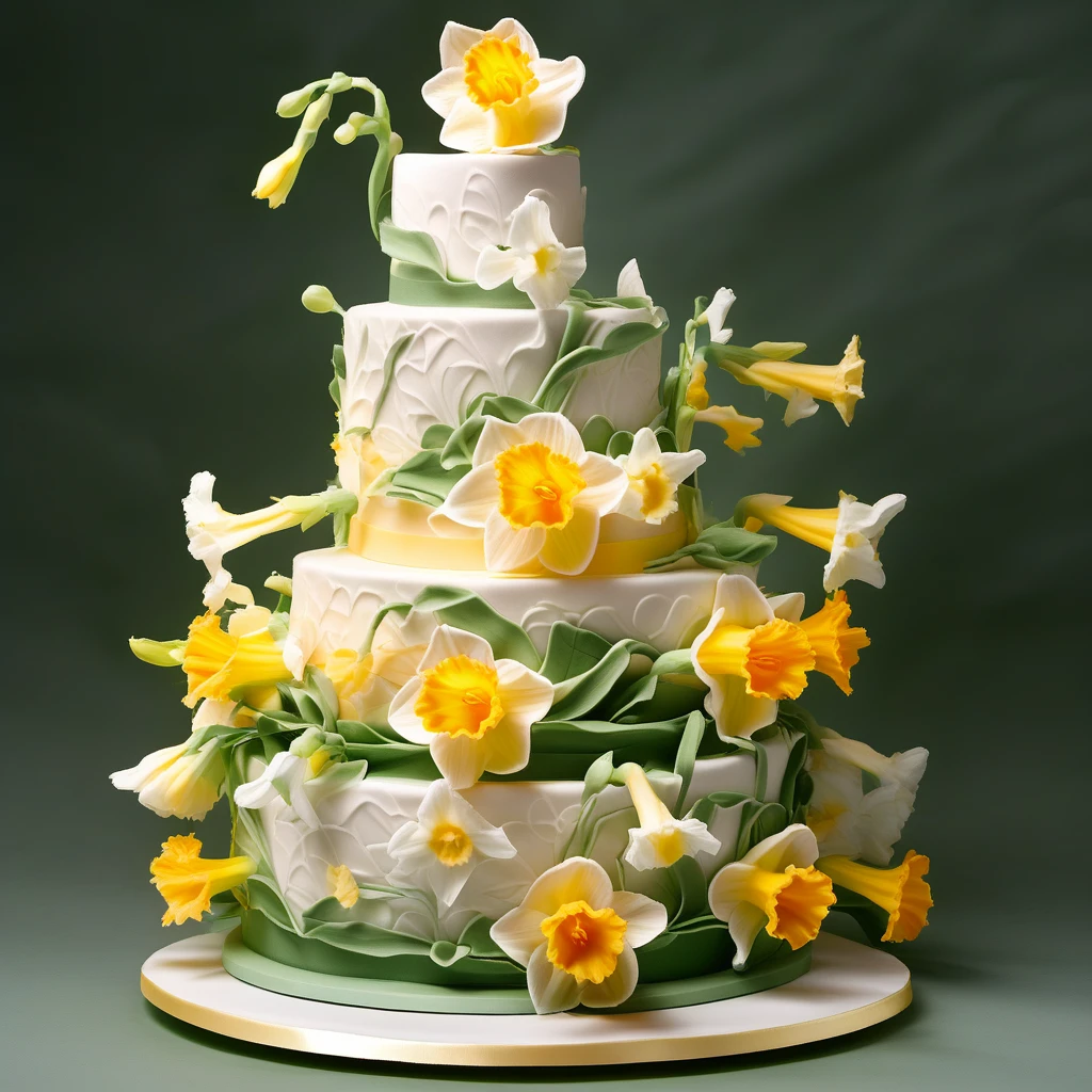 a bridal cake decorated with fondant repeating patterns consisting of daffodils, sweet pea, and T. honeysuckle. the honeysuckle provides structure and the sweet pea provides texture and an aery quality to the wedding napkins and tissue paper. the narcissus is the focus flower and resembles a trumpet providing energy and cheer. Dense green leaves from the honeysuckle hide tubular white yellow flowers, tendrils emerge from the wedding invitation and announcement as the sweet pea climbs onto its neighbors. the narcissus is the focal point of the literature decorations and adds height and structure as well