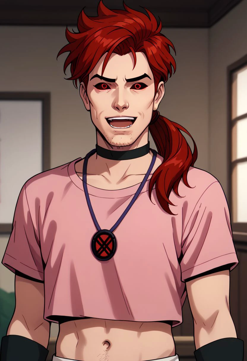 xmen97 style, 1boy, male focus, red hair, solo, red eyes, colored sclera, black sclera, shirt, choker, smile, jewelry, necklace, navel, gloves, open mouth, ponytail, facial hair, meme, pink shirt, black gloves, teeth, long hair, indoors, crop top, stubble, midriff, upper body, collarbone, anime coloring, flat color, cel shading, cel shaded, 2d, PonyXLV6_Scores zPDXL