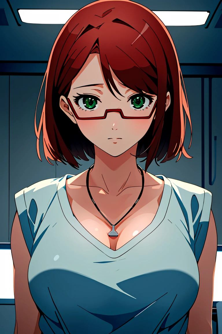 (RAW photo, best quality), operating room, overhead surgical light,blurred background, focused, dithering,backlighting,
 <lora:Sasha_Nakamoto_V1.0-000006:0.8> sasha nakamoto, 1girl, solo, necklace, dark red hair, green eyes,