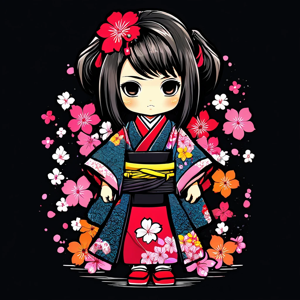 (masterpiece, best quality), chibi style, NFSW girl, kimono,  sakura flower, NFSW, t-shirt design, dark blackground <lora:chibi_style-000002:1>