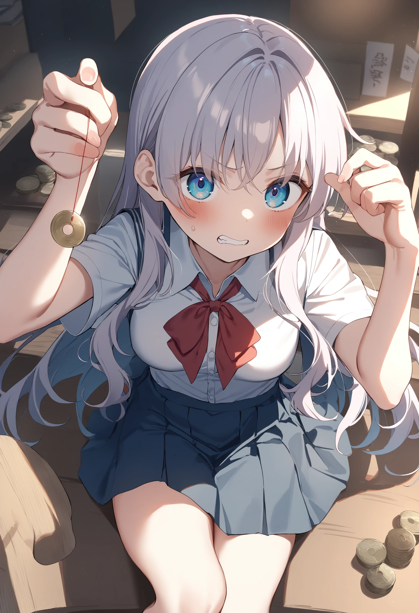 1girl,sincos, ningen mame, toosaka asagi,solo,medium breasts,school uniform,
hypnosis, mind control,looking at viewer,  hand up, coin on string, <lora:hypnosis_XL_v1:0.7>
fisheye lens, white hair, silver eyes,clenched teeth, arms Shop, closed mouth, french hair,
best quality, very aesthetic, absurdres