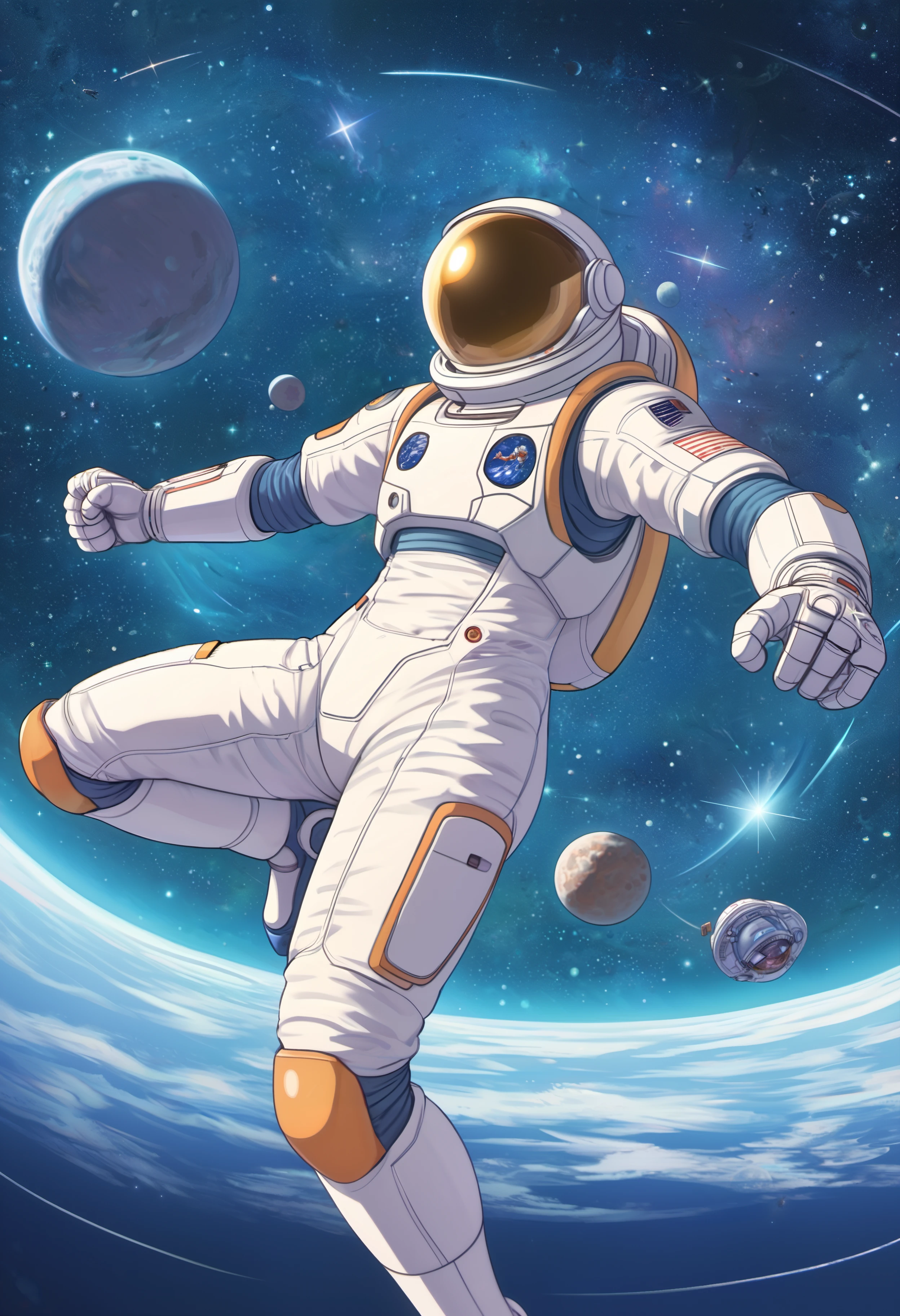 score_9, score_8_up, score_7_up, Krillan, punch pose, in space, (2d, anime, flat, digital art:1.8), detailed hands, detailed eyes, detailed details, thick lines, NASA astronaut, stars, galaxies