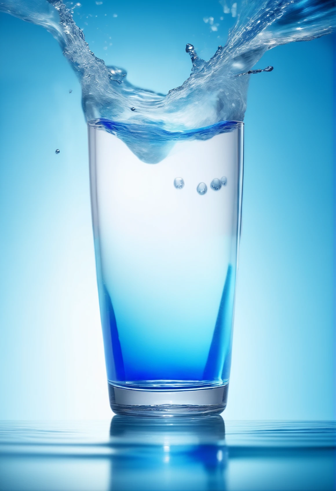 <lora:cup_Î²:1>  A clear glass with dynamic water splashes around it. The background is a pure light blue that contrasts with the translucent blue water, creating an interesting visual effect. The glass is empty and looks very clear and is the main focus of the picture