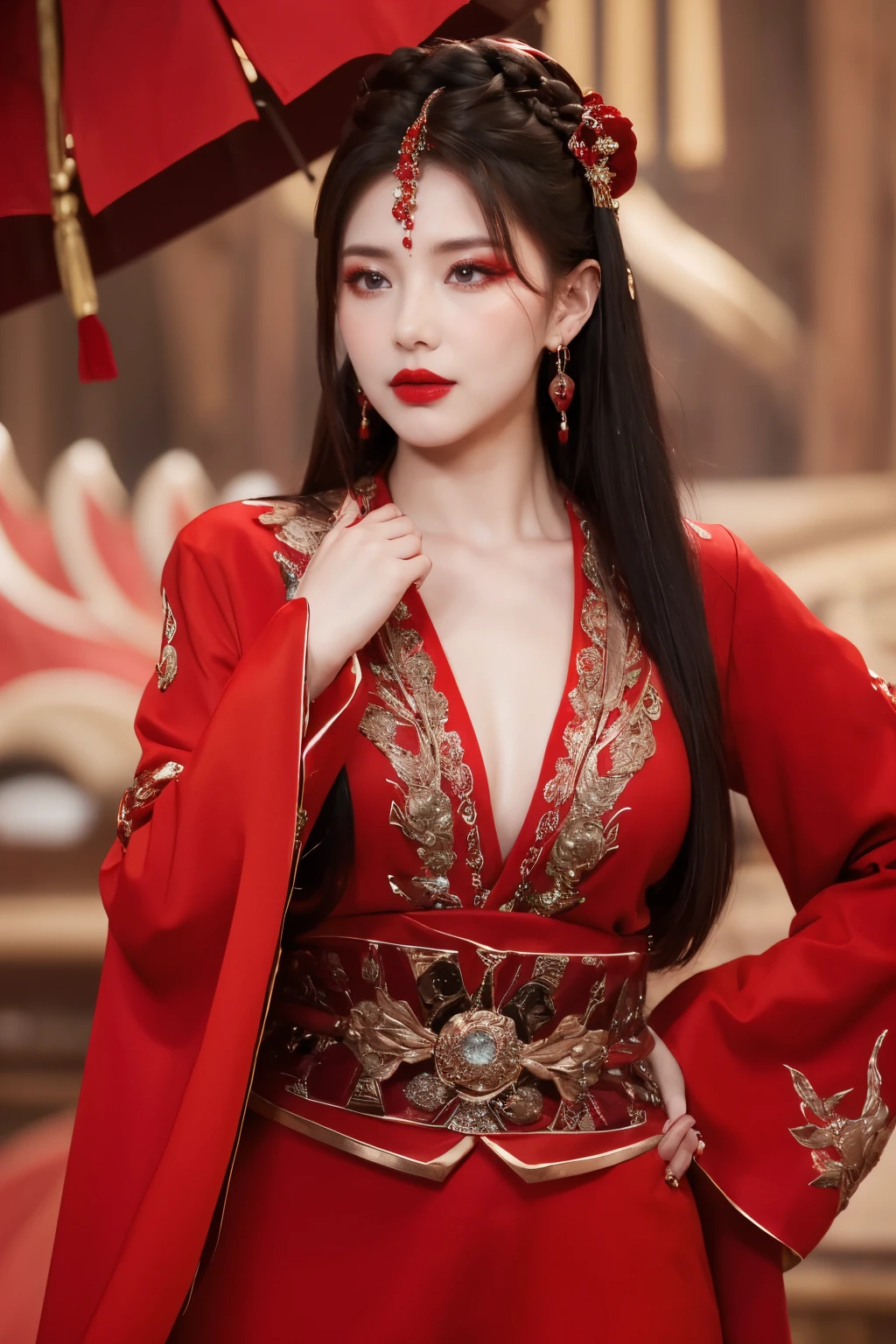 ,super high resolution,best quality,Photos,4k,(Realistic:1.2),jiapliqiao,1girl,hair ornament,chinese clothes,jewelry,earrings,long hair,looking at viewer,red lips,smile,makeup,cowboy_shot,<lora:jiapliqiao-000006:0.8>