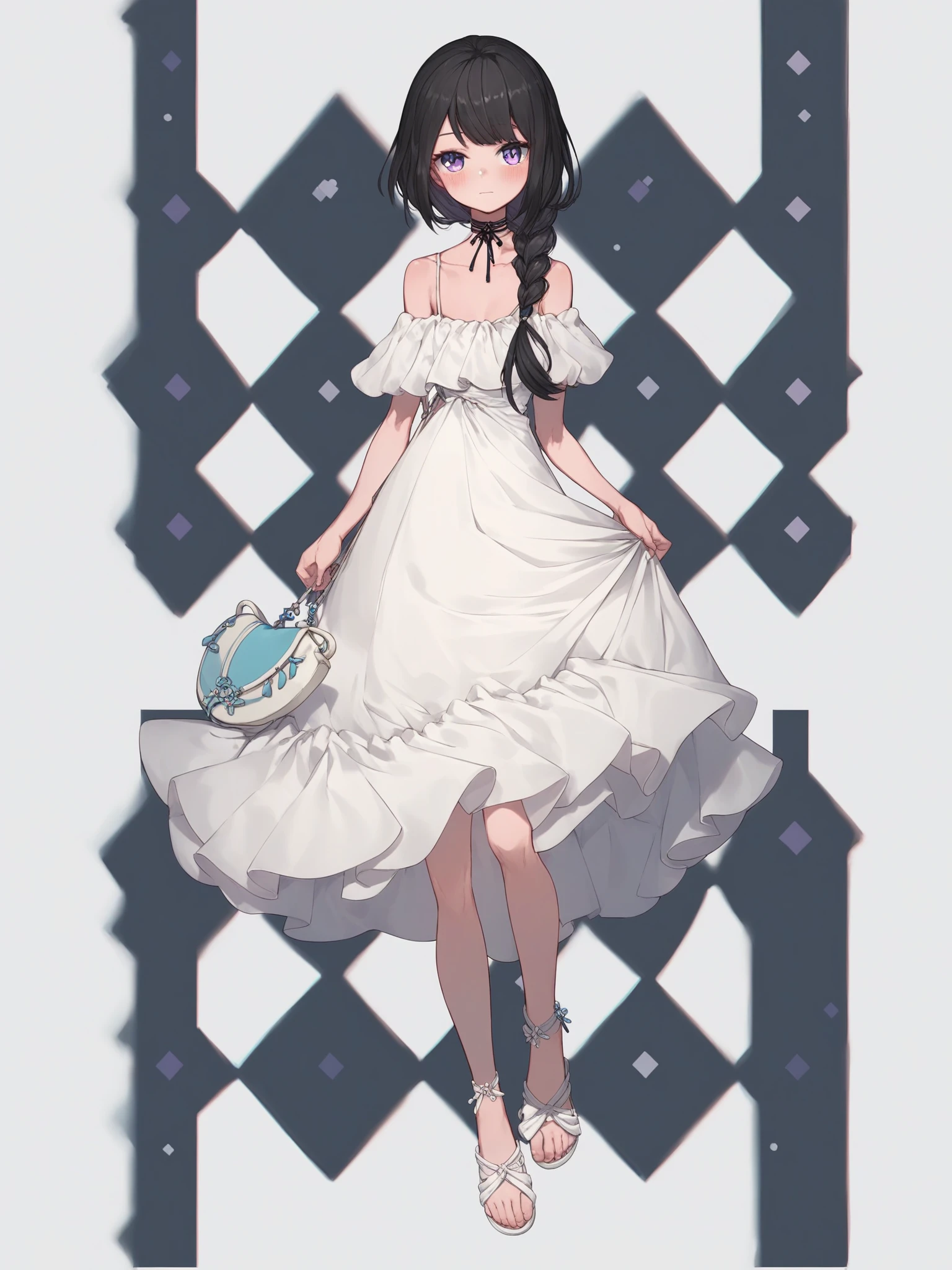 solo,white dress,off-shoulder dress,frilled dress,black hair,braid,white background,full body,purple eyes,long hair,simple background,white footwear,choker,bangs,standing,single braid,blush,sandals,bare shoulders,closed mouth,virtual youtuber,black choker,braided ponytail,shoulder bag,ribbon choker,spaghetti strap,toes,<lora:MIKifn:0.9>,(score_9,score_8_up,score_7_up,),