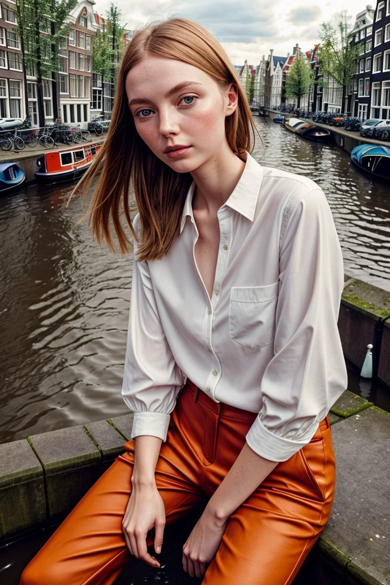 European woman, closeup, (shirt), pants, (amsterdam canals), (), ZM_pihla, wide shoulders, perfect face, (contact iris: 1.1), pale skin, skin pores , depth of field