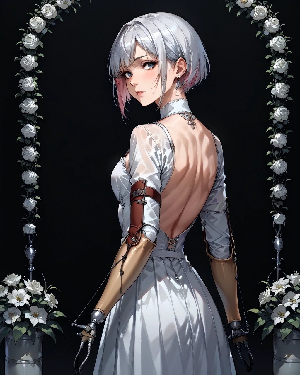 score_9, score_8_up, score_7_up, score_6_up, score_5_up, score_4_up, source_anime, very aesthetic, best quality, masterpiece, absurdres, (rating_safe)
break
1girl, solo, Bride Dress, colored inner hair, bob cut, white hair, Beautiful, melancholy
medium breasts
Girlish gestures, looking to the side
flower Garden, dark
<lora:prosthetic_arm_x:1> prosthetic_arm_x, mechanical arm, prosthetic, face
Fantastic Aesthetic, Fancy, girly style
three-quarter portrait
break
from behind, looking back