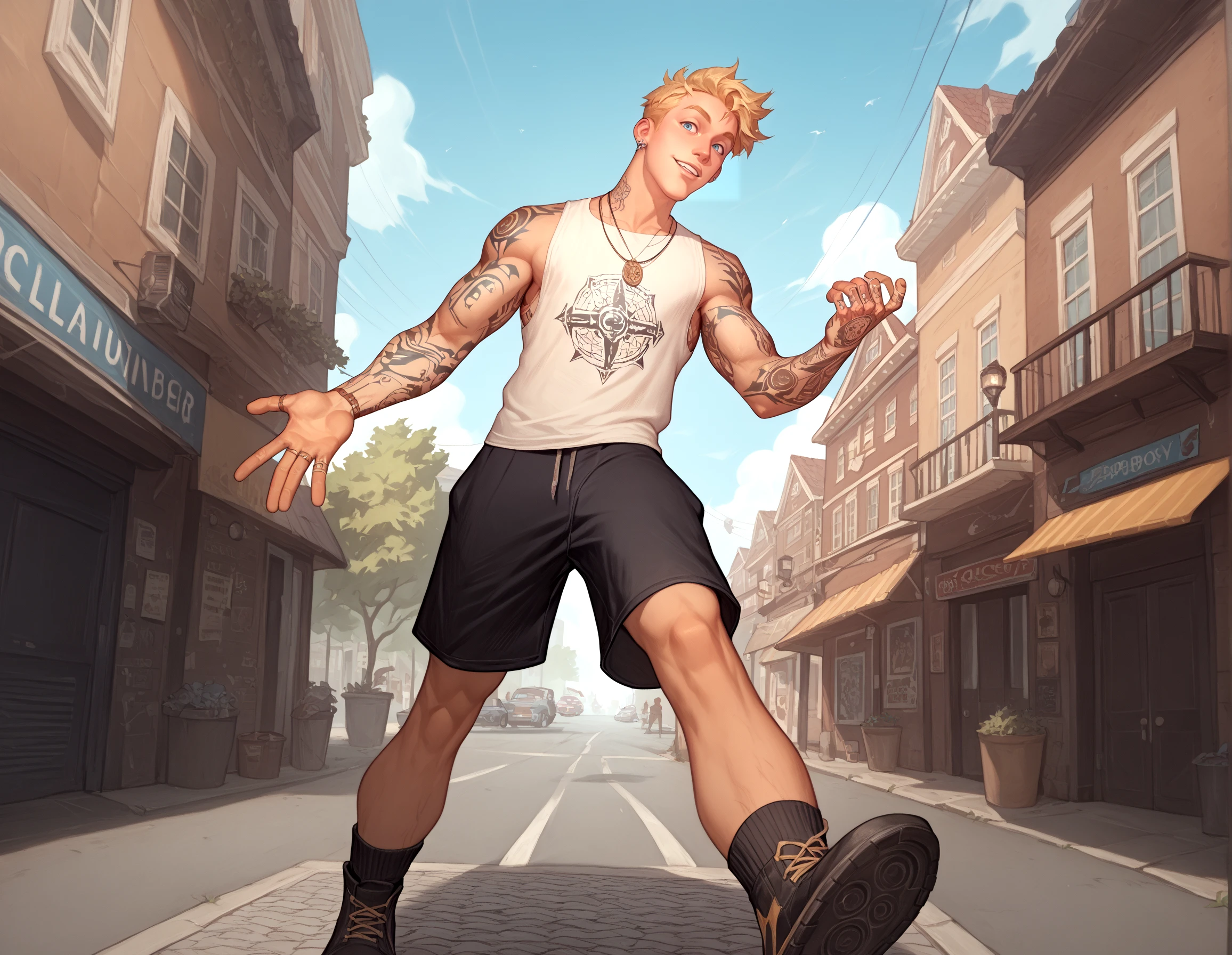 score_9, score_8_up, score_7_up, score_6_up, solo male, bruv, fuckboy, black shorts, black stinger tee, short blonde hair, tattoos, hopping on pedestrian crossing,