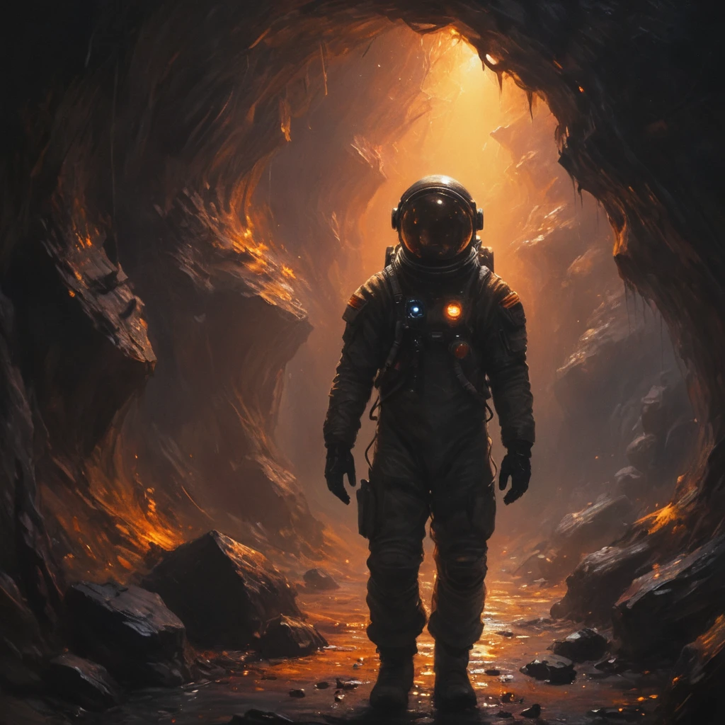 astronaut in a cave, looking at viewer,

, in the style of neon silhouette contrast, 

, (oil painting, brush strokes, realistic, extreme detail, dark and warm environment, 8k:1.5),

, cinematic lighting, volumetric lighting, Film grain, cinematic film still, shallow depth of field, highly detailed