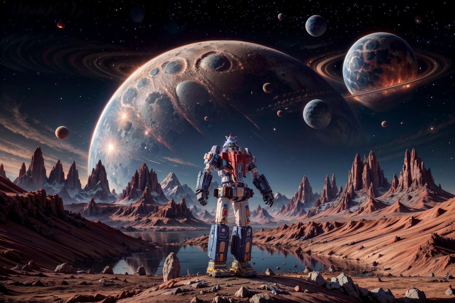 <lora:Vehicle_Voltron:.8>RAW photo of a detailed robot standing, background bg_alien_planet, blue sky, brown theme, building, cloud, day, fantasy, fire, full moon, horizon, landscape, moon, mountain, nature, night, night sky, <lora:more_details:.5> ,<lora:BG_Alien_Planet:.5>