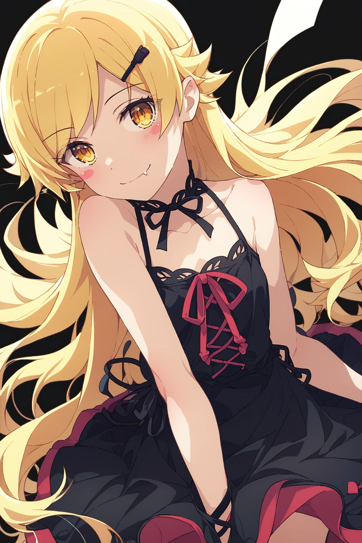 score_9,score_8_up,score_7_up,masterpiece,best quality,very aesthetic,absurdres,official art,official style,
oshino shinobu,1girl,long hair,blonde hair,yellow eyes,solo,blush stickers,fang,dress,hairclip,hair ornament,smile,simple background,black background,looking at viewer,black dress,bare shoulders,fang out,
<lora:è»pote_XL_PONY:0.8>,