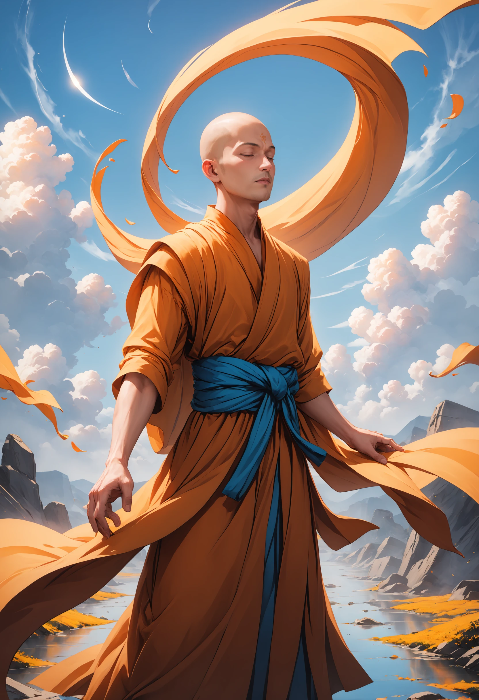 The serene monk in 'Echoing Emotions', reflecting the mindful saffron profound, deep, and tranquil sky blue powerful feelings, with a sense of vulnerability, authenticity, and rawness