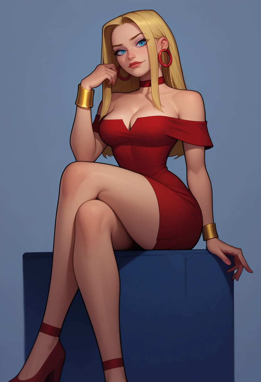 score_9, score_8_up, score_7_up, BREAK 1girl, solo,  <lora:blaineleytd-guy-PONYv1:1>, blaineleytd, hoop earrings, red choker, red dress, off-shoulder dress, cleavage, gold bracelet, looking at viewer, sitting, crossed legs,