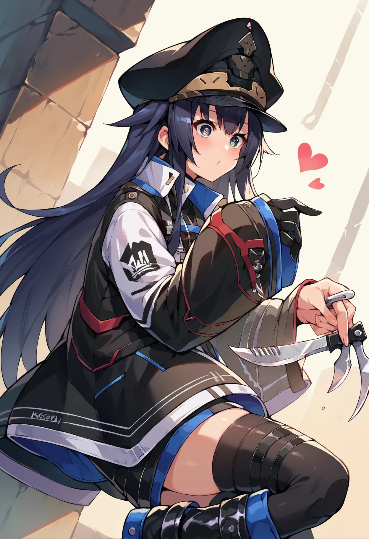 score_9, score_8_up, score_7_up, uncensored, source_anime, 1girl, <lora:spkarinXLPony-000003:1> karindef, peaked cap, black headwear, black jacket, sleeves past wrists, boots, black thighhighs, fork, heart, knife, symbol in eye, upper body