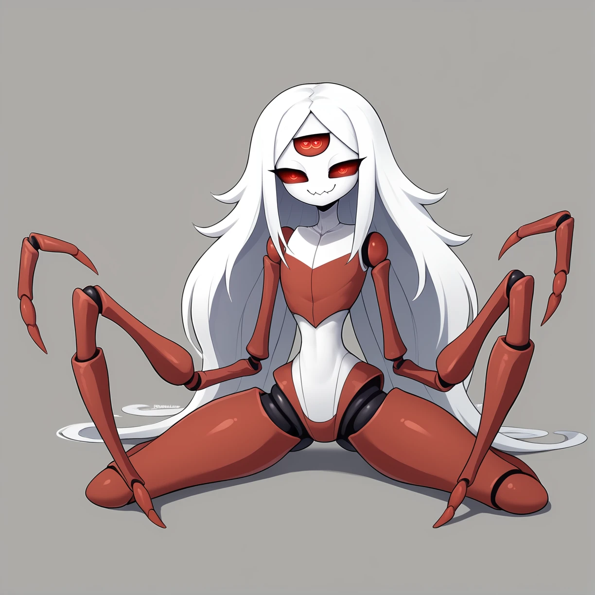 1hr9y9, <lora:1hr9y9-10:1.0>, narrow waist, spread legs, long hair, smug, extra eyes, arthropod limbs,