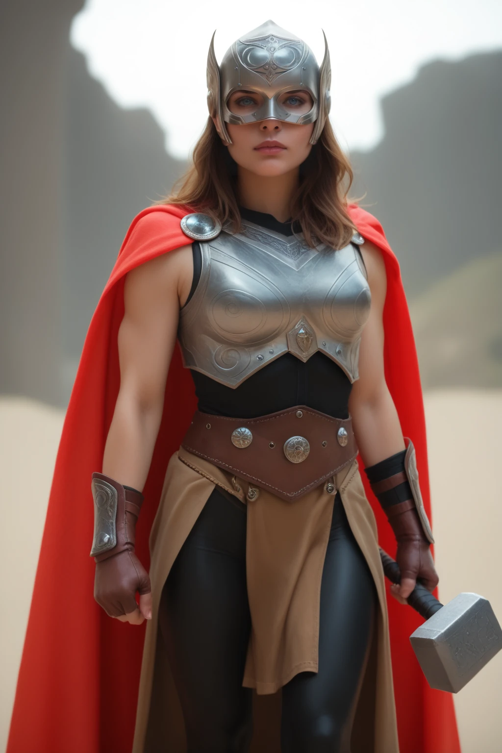 score_9, score_8_up, score_7_up, masterpiece, high quality, realistic
<lora:Jane FosterPonyLora:0.8>janef, long hair, cape, breastplate, mask, helmet, belt, skirt, pelvic curtain, leggings, single bracer, bandaged legs, fingerless gloves
holding hammer