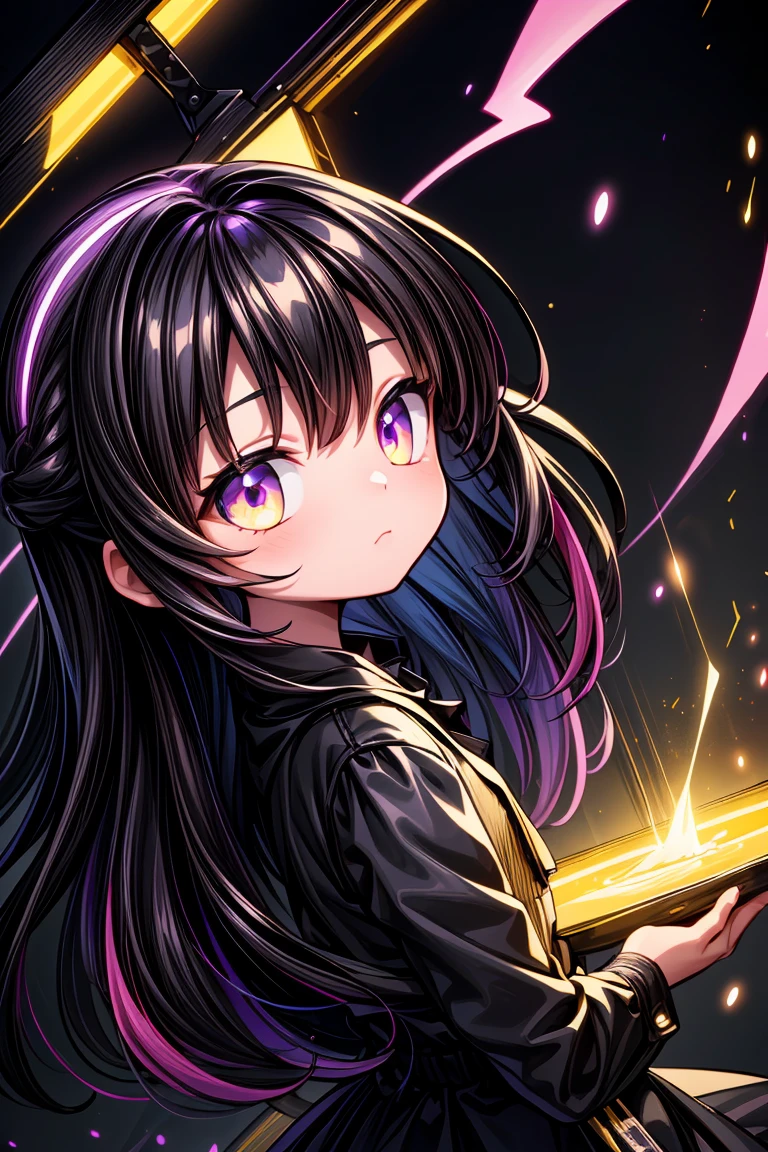 (multicolored_eyes,multicolored_backgroud:1.3),masterpiece,professional_artwork,(cover,album_art,extremely_high_quality_artwork:1.3),best_quality,(black and purple and gold theme:1.6),1girl,solo,gold_eyes,long_hair,(from_side:0.8),badass,closed_mouth,((Masterpiece)), ((Intricate)), ((Striking)), ((Unforgettable)), ((Breathtaking)), ((Captivating)), anime, Seinen, Slice of Life, Psychological, color splash, Vibrant color, Color highlight, Selective color, neon light, Glowing light, Electrifying light, Neon illumination, 50mm, Nifty fifty, Versatile focal length, Natural field of view,close-up