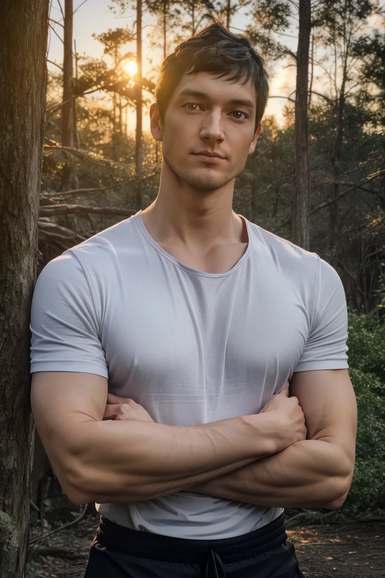 photo of person, man, male, black shirt, looking to viewer, full body, white pants, serious, on the forest, sunset, crossed arms, smirk:1.4,cinematic lighting, detailed face, detailed eyes, masterpiece, high_res, perfect face, , High detailed<lora:EMS-341901-EMS:1.000000>