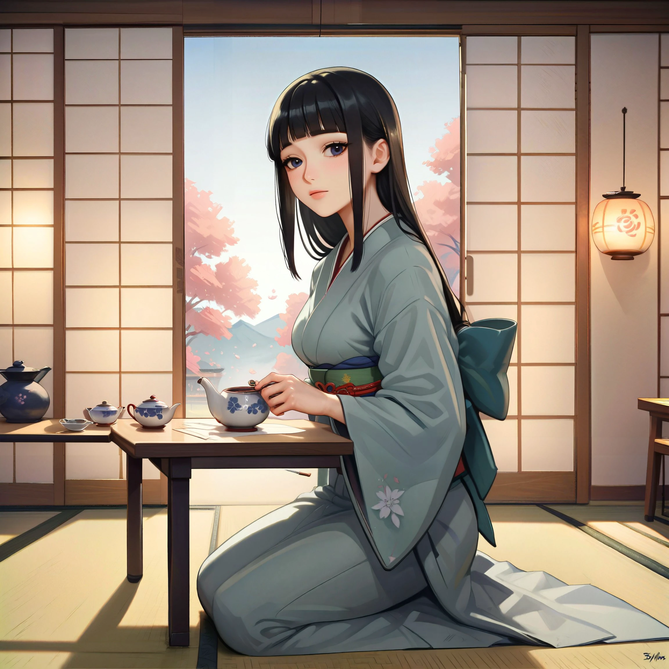 Score_9, score_8_up, score_7_up, score_6_up, score_5_up, score_4_up, 1girl, Himari, black hair,    traditional Japanese room, tatami mats, sliding shoji doors, low wooden table, paper lanterns,kneeling, low table, tea set on the table, ikebana flower arrangement, serene and peaceful atmosphere, kimono,  <lora:Himari:0.8>