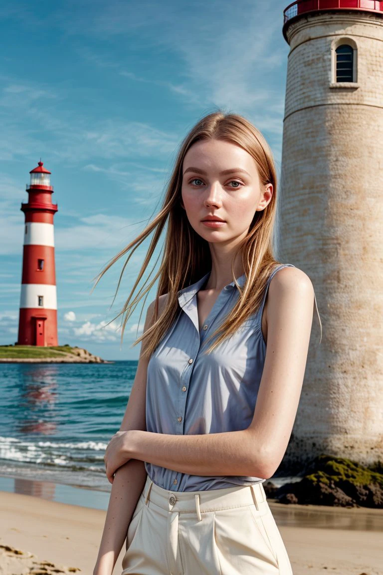 her name is Amelie, high quality, 1girl, ((25-year-old fit Caucasian woman)), ((25 years old)), ((BODY TYPE: HOURGLASS)), ((Space Buns HAIR)), SMILING, pose: STANDING, wearing IN DEMAND FANCY Generation-Z modern wear VARIETY colored, BACKGROUND:"Cruising on the serene lake surrounded by towering mountains and charming Swiss villages."