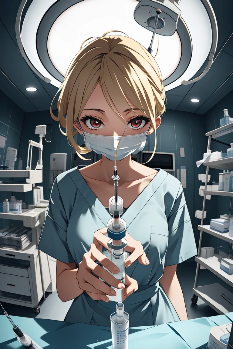 (RAW photo, best quality), operating room, overhead surgical light,blurred background, focused, dithering,backlighting,
 <lora:Sayuri_Brooks_V1.0-000006:0.55> sayuri brooks, 1girl, solo, anime coloring,blonde hair, red eyes, 
 <lora:injection_V1.0:0.8> injection_pov, 1girl, solo, looking at viewer, holding, syringe, surgical mask, holding syringe,