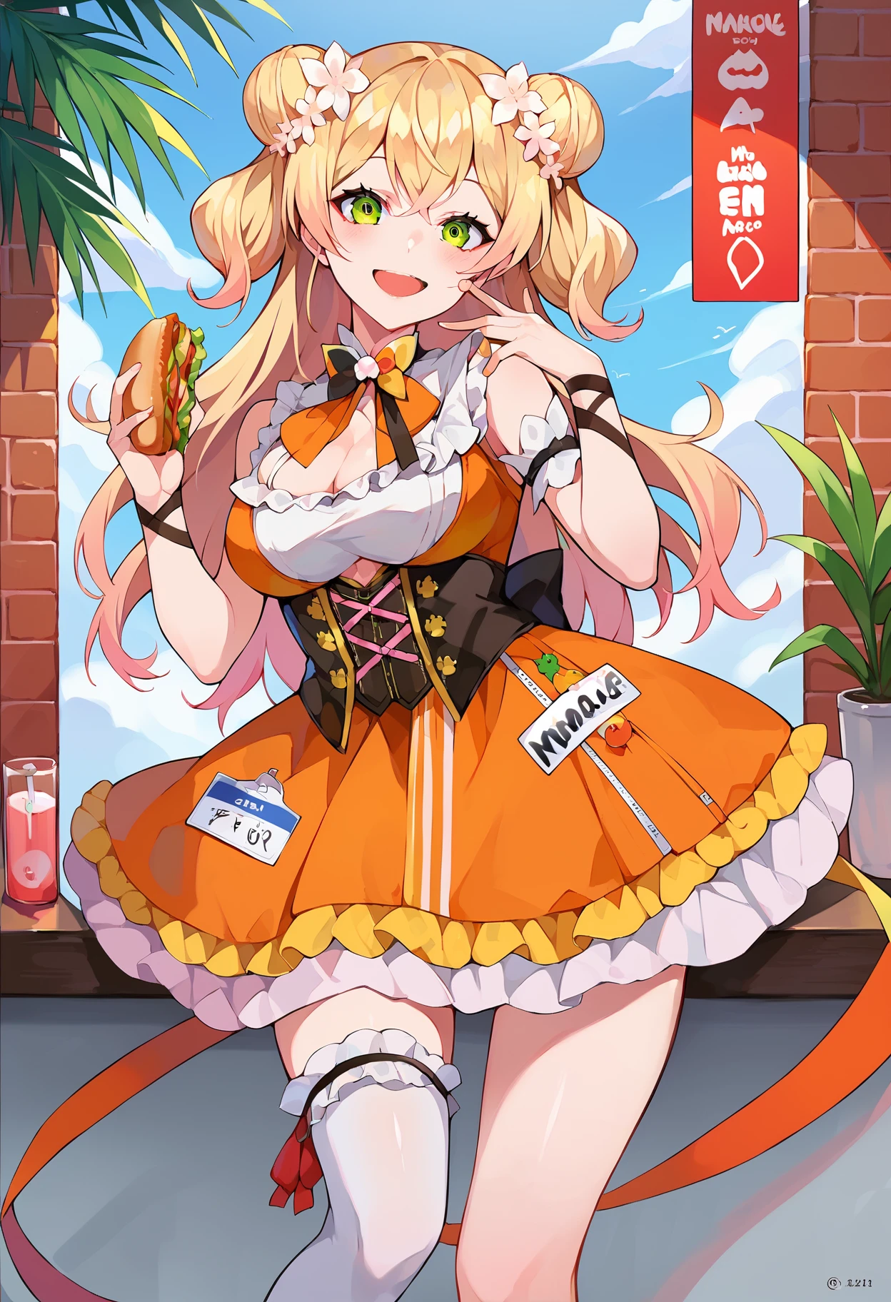 score_9, score_8_up, score_7_up, uncensored, source_anime, 1girl, <lora:spramdayoStyleXLPony:1> by ramdayo, <lora:ChamMomosuzuNenePonyXL:1> NeneBase, long hair, double bun, hair flower, orange dress, cleavage, clothing cutout, bowtie, multicolored bow, corset, sleeveless, arm garter, white thighhighs, single thighhigh, brick wall, english text, flower, food, heart, indoors, name tag, palm leaf, sandwich, striped, white flower, :d, blood on hands, crowbar, hand up, holding, looking at viewer, open mouth, smile, solo, :<