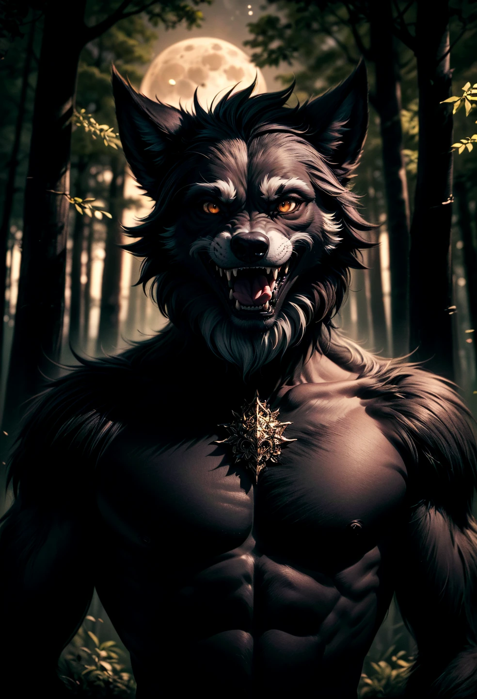 1boy, solo, (((half body shot, upper body))), (facing viewer, looking at viewer), <lora:werewolf_v0.2:0.9> werewolf, intricate, absurdres, highest quality, extremely detailed, immaculate, epic, masterpiece, RAW photograph, <lora:add_detail:0.9> ((at forest, howling:1.3, open mouth, moon))