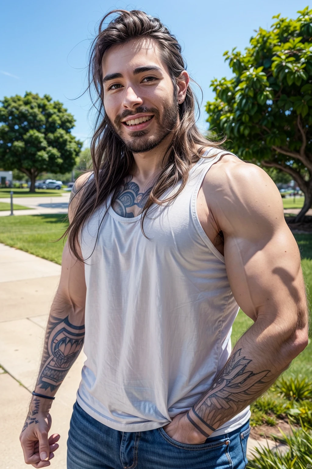 Jeess, 1boy,red skin, muscular male, white hair, voluminous hair, black eyes, single braids, cowboy shot, smile, forest, tree, grass, flowers, looking at viewer, (best quality, masterpiece)