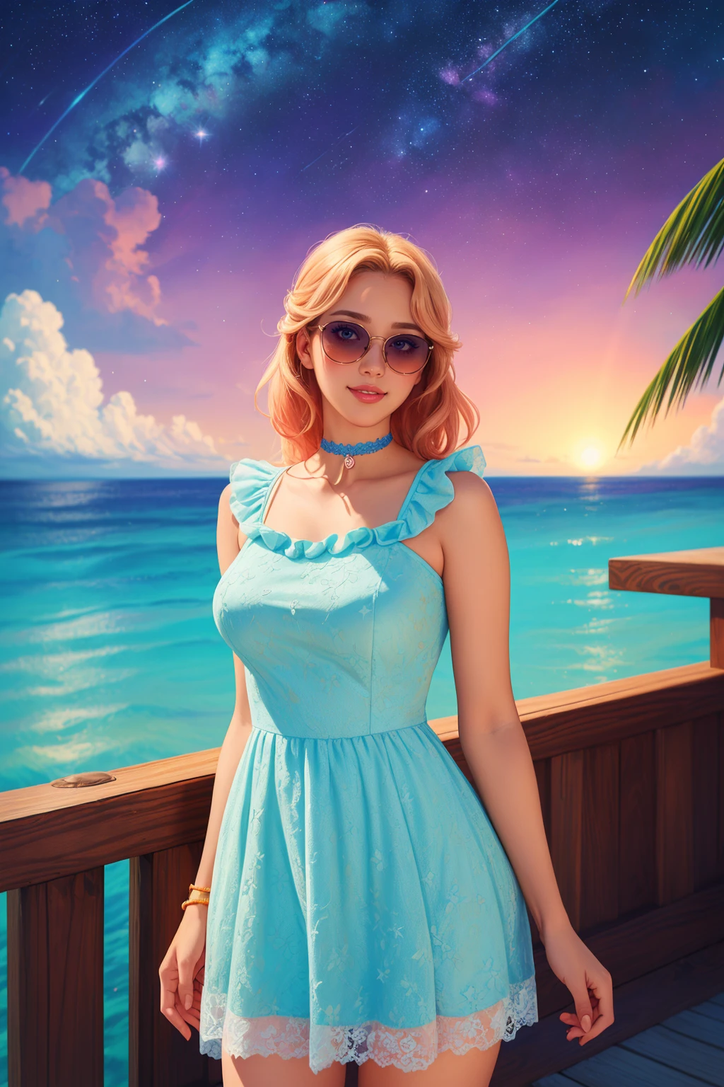 adult woman happy, pastel flower lace sundress, standing, soft lighting, sunglasses above head, jewelry, choker, Maldives, Bungalow, Private Deck, Starry Night sunglasses, 8k resolution, high detail, best quality, high quality, vibrant, studio anime, highly detailed, ((art by Takahiro Kimura)) (cel shading), line art