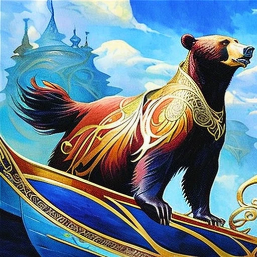 mtg card art, ayula, ascended (bear,:1.1) (by jesper ejsing,:1.1) green, g, legendary planeswalker - (bear:1.1), kaladesh, aether revolt, kld, aer, mythic, beautiful composition, a powerful bear planeswalker riding in a kaladesh (vehicle:1.1), looking very serious, intricate details, ayula, queen among bears, mh1, 2/2, 1g, masterpiece, best quality