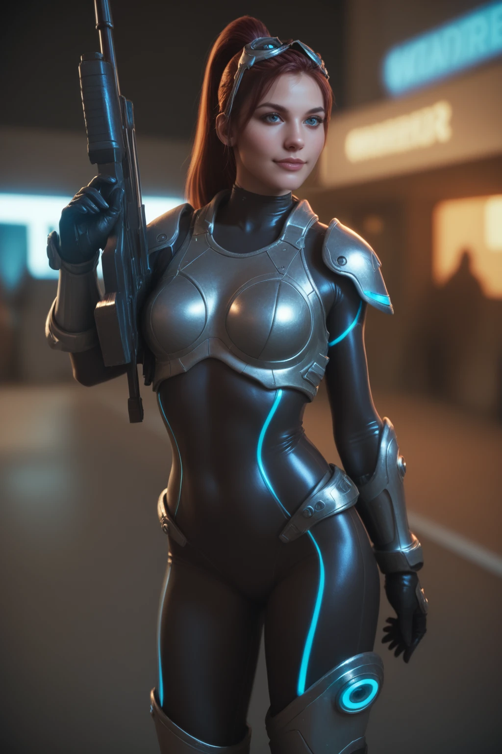 score_9, score_8_up, score_7_up, masterpiece, high quality
<lora:Sarah KerriganPonyLora:0.8>long hair, srahkrrign, ponytail, breastplate, shoulder armor, bodysuit, goggles on head, headphones, gloves, skin tight, bracer, boots, neon trim, glowing, holding rifle, smile, in front of a building
