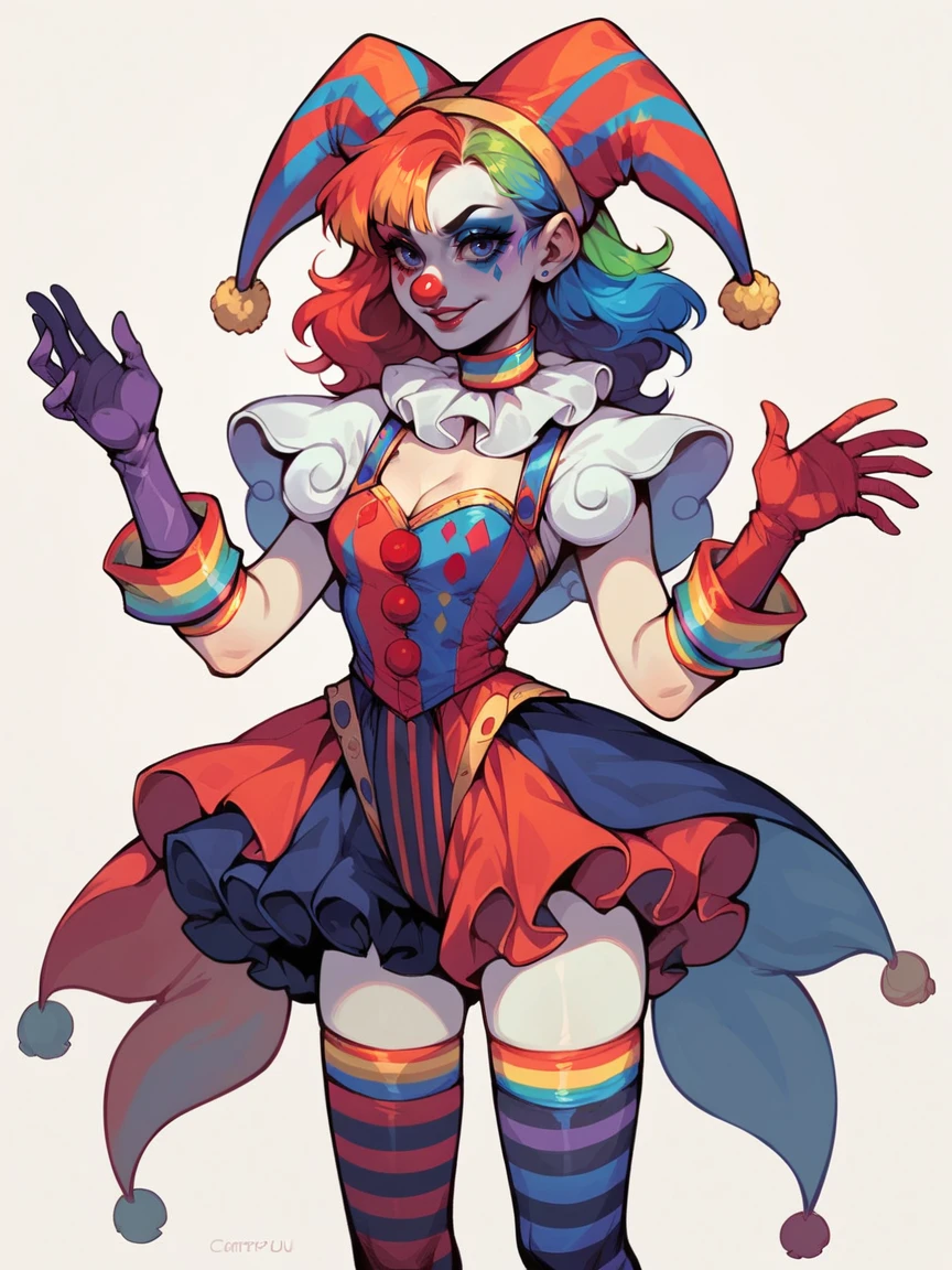 score_9, score_8_up, score_7_up, score_6_up,  1girl, <lora:c1rcus2XLP:0.6> c1rcus, clown, multicolored hair, thighhighs, gloves, makeup, striped, jester cap
