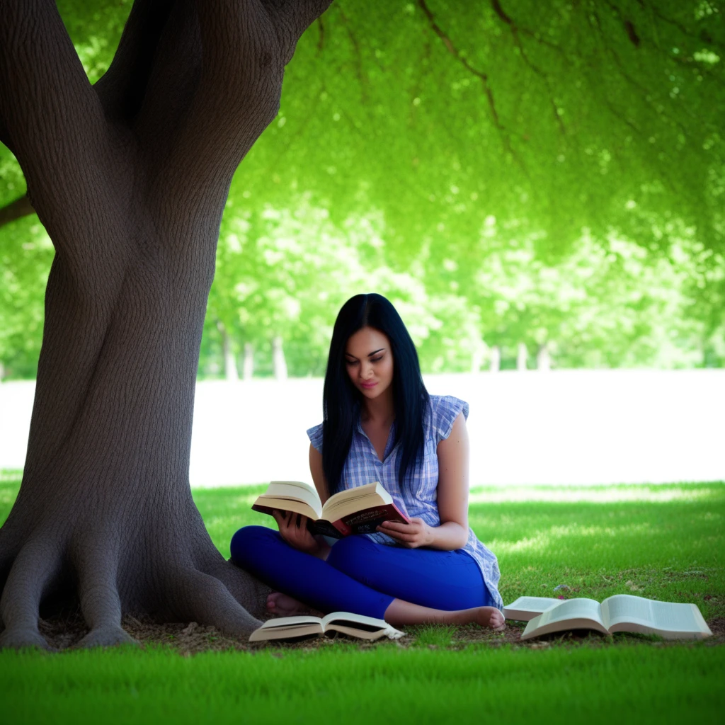 1girl, jasminejae, professional, reading a book under a tree