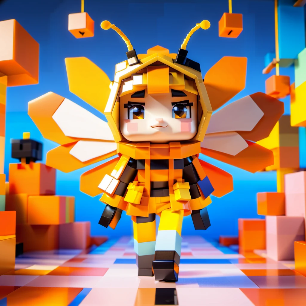 only one character, (magnificent face:1.4), cute bee wearing an unexpected designer outfit, soft-hued colors, bee head, cartoon 3D background, <lora:3Dlowanimals:1.0>, (Blocky:1.4), pixelated, vibrant colors, 2 legs