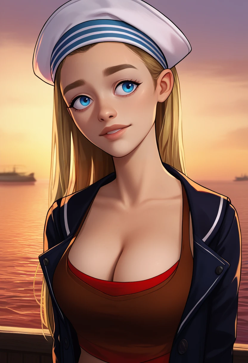 score_9, score_8_up, score_7_up, BREAK, 1girl, solo,  <lora:lindsaytd-guy-PONYv1:.95>, lindsaytd, cleavage, red undershirt, brown tank top, black jacket, sailor hat, portrait, upper body, white headwear, boat,