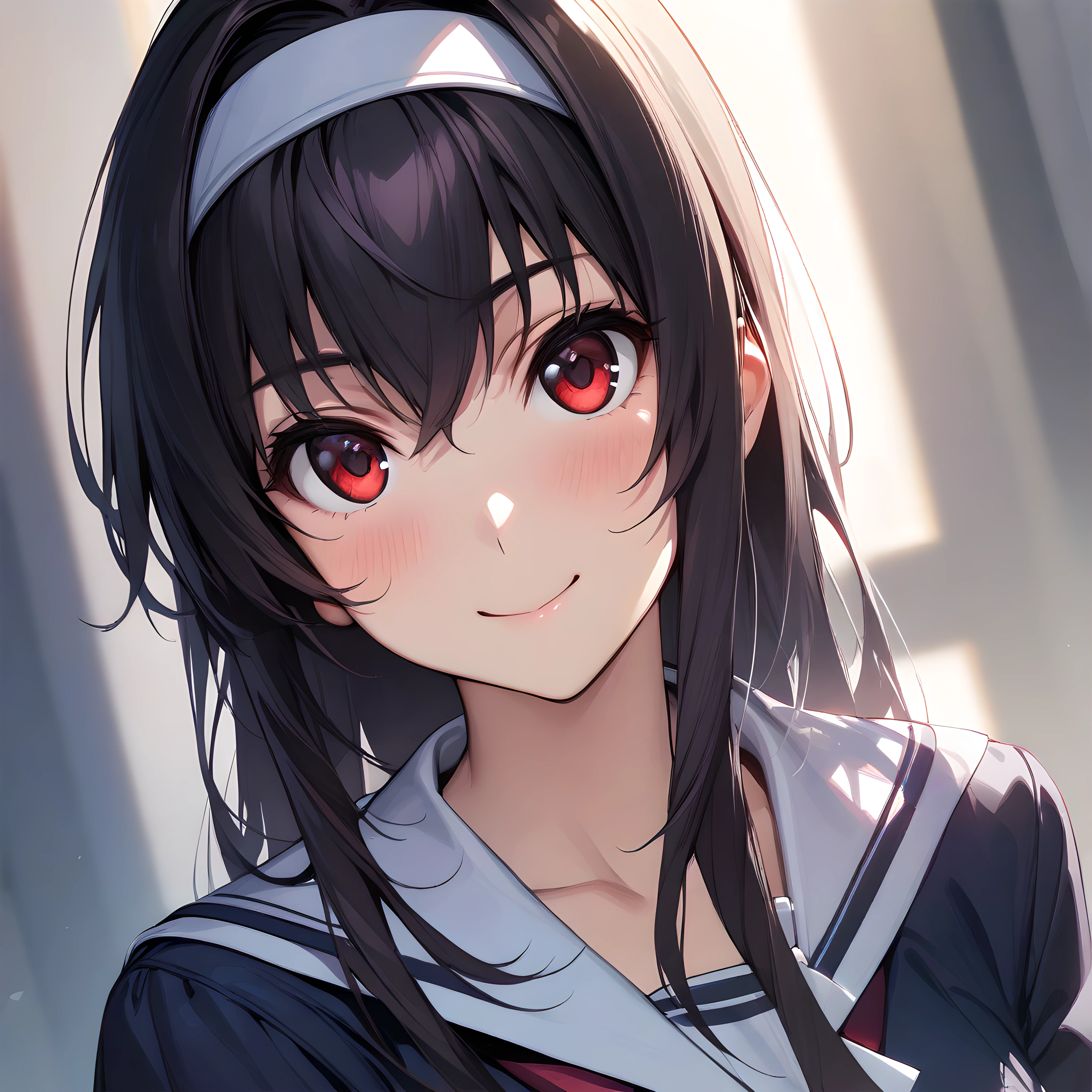 (masterpiece),(best quality),(ultra-detailed),(best illustration),(best shadow),(absurdres),(detailed background),(very aesthetic), 1girl, solo,  kasumigaoka utaha, black hair, hairband, red eyes, long eyes, breasts, smile, portrait, very close-up, school uniform, <lora:XL-KasumigaokaUtahav1:1>