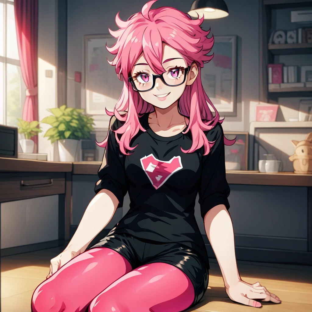 1girl, solo, pink hair, long hair, glasses, smile, indoors, sitting, pantyhose, pink pantyhose, black shorts, black shirt,