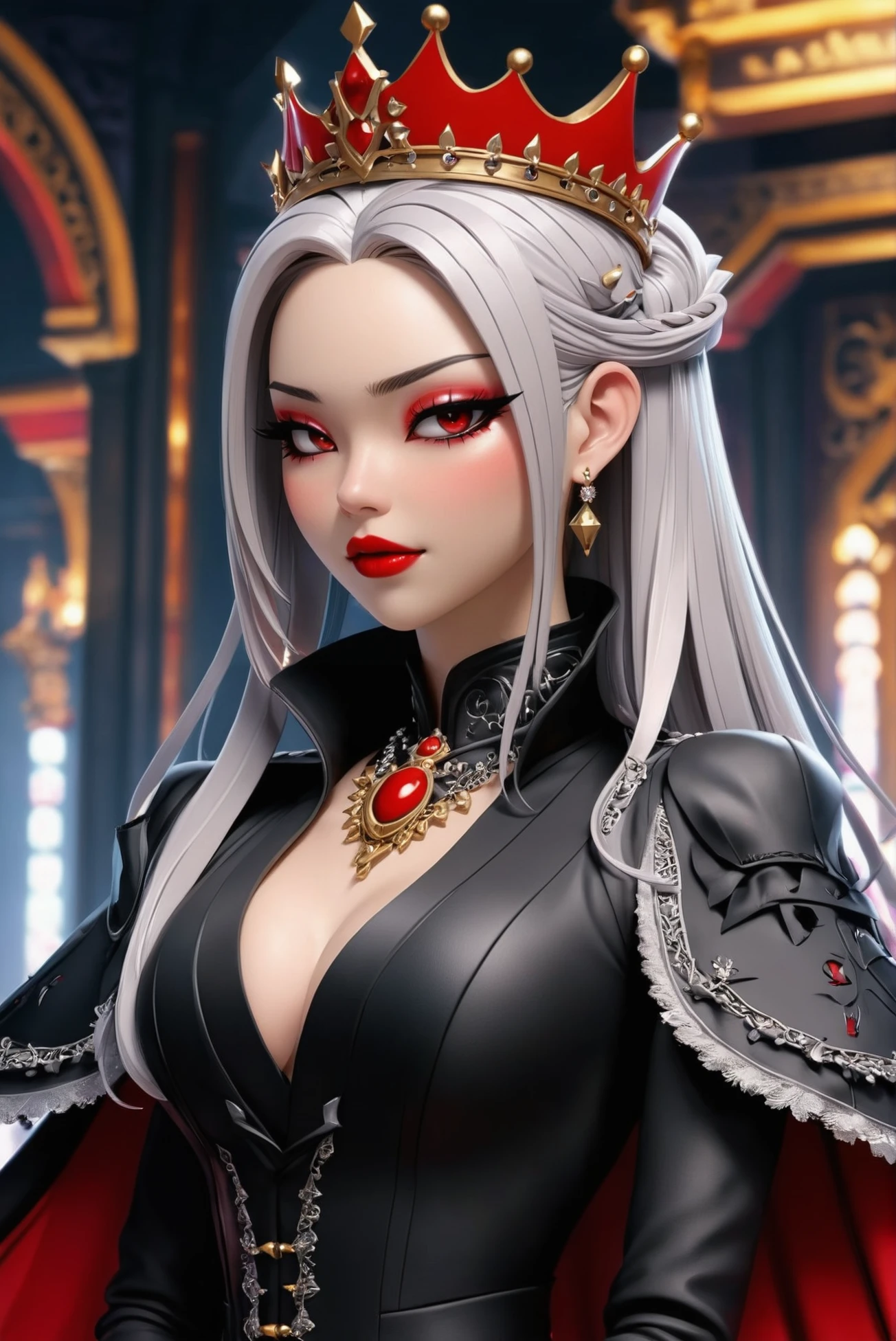 cgi, anime style, 1girl, woman, evil queen, (very high collar:1),(huge opulent crown:1.3),(red lipstick:1.3), bombshell hair, silver hair with crimson highlights, ahoge, plum clothes, average figure, (asian:1.3)<lora:EnvyStarlight2.5D02:1>