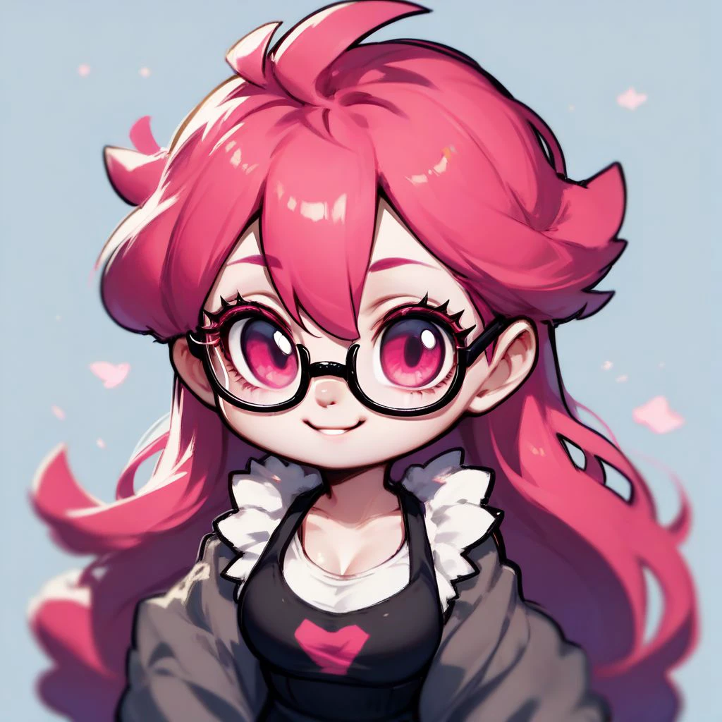 score_9,score_8_up,score_7_up,score_6_up,score_5_up,score_4_up, solo , 1girl, long hair, pink hair, glasses, pink eyes, big eyes, eyelashes, smile, portrait, chibi