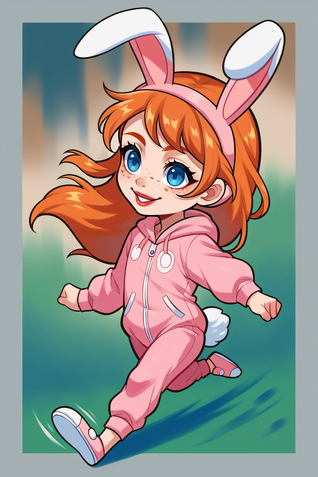 digital painting, score_9, score_8_up, 1girl, solo, <lora:NSMeiPortia:1> NSMeiPortia, long hair, blue eyes, freckles, lipstick, orange hair, bunny ears, pink onesie, bunny tail, running, wide smile, motion lines, motion blur, chibi