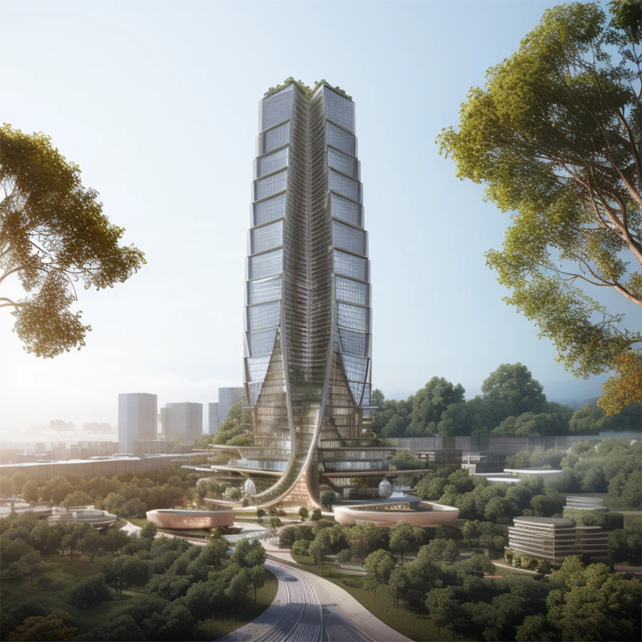 aerial view photo of a futuristic tower, architect rendering, organic form, mist, early morning, forest background, lava style, chris Bosses, 4k, detail
