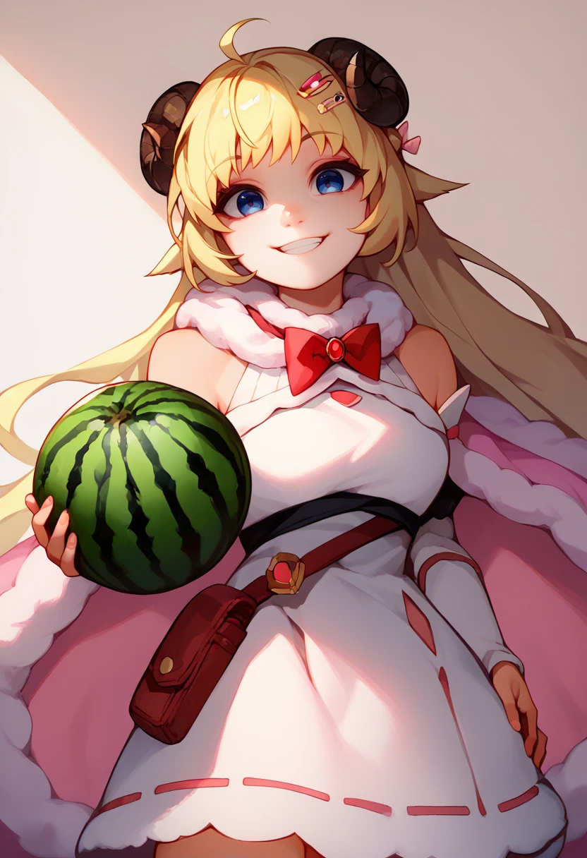 score_9, score_8_up, score_7_up, simple background, solo, 1girl, WatameBase, smile, looking at viewer, holding food, holding watermelon, very long hair, ahoge, hairclip, fur-trimmed dress, short dress, red bowtie, detached sleeves, pouch, fur-trimmed cape, pink cape <lora:style_qt0ri_ponyXL-DoRA:1.1> <lora:CHAR-TsunomakiWatamePonyXL:0.95>