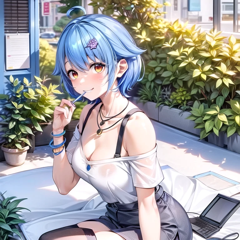 <lora:mana:0.85>, virtual youtuber, blue hair, short hair, orange eyes, 1girl, solo, 
breasts,, 
, , necklace,,hairclip,,bracelet, cat,, drinking straw,,laptop, monitor, , anime,, smile,, , Loneliness,, <lora:add_detail:0.8>, <lora:lit:0.75>,<lora:vividWatercolors_10:0.75>,  wtrcolor style