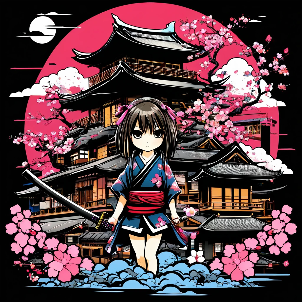 (masterpiece, best quality), chibi style, anime girl, 1 girl, samurai, sakura flower, japanese buildings, t-shirt design, dark blackground <lora:chibi_style-000001:1>